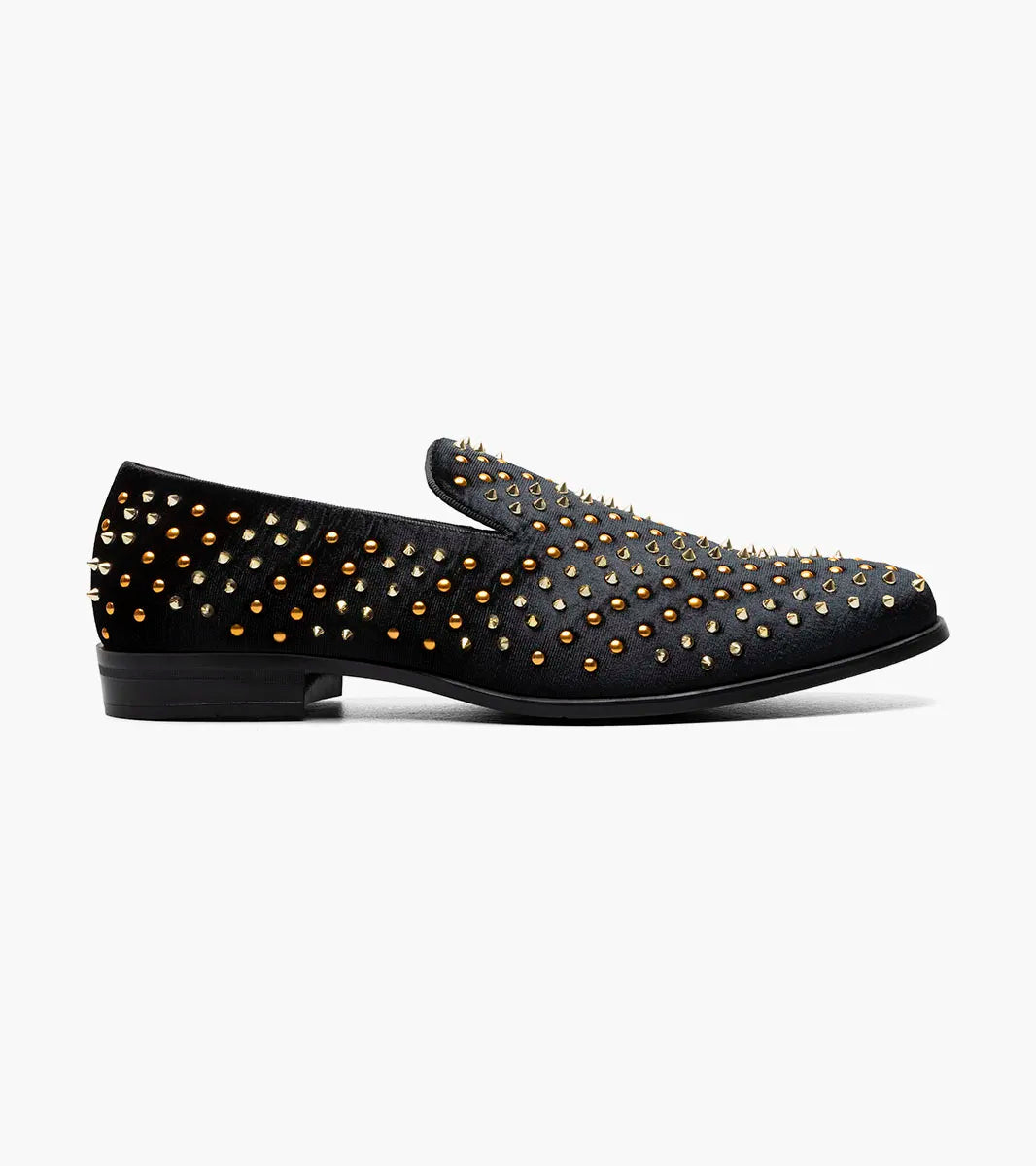 The STACY ADAMS Sabert Spike and Stud Slip On (Black Multi, 25612-009) features gold spikes on the upper and heel plus a Memory Foam footbed for comfort.