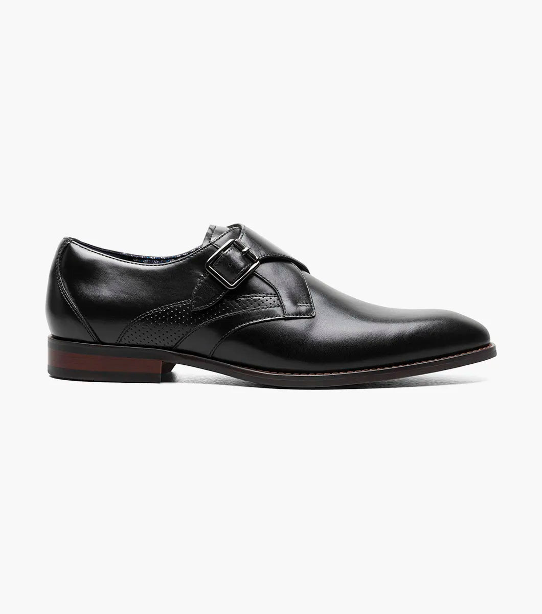 The Stacy Adams Karcher Plain Toe Monk Strap (Black, 25590-001) features a molded heel cup, anatomical arch support, and cushioned heel pod inspired by the RedZone footbed, shown on a white background.