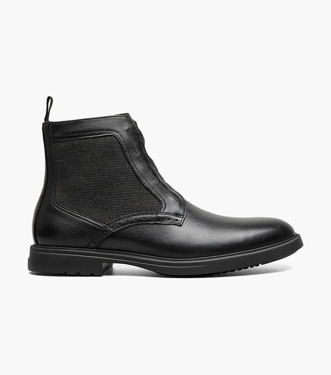 The Stacy Adams Thompson Plain Toe Elastic Lace Boot in black features a side zipper, elastic panel, pull tab, and supportive RedZone footbed by STACY ADAMS, shown on a white background.