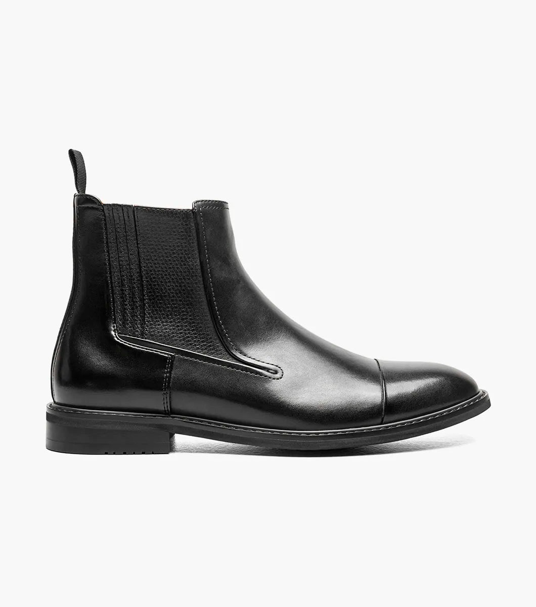 Stacy Adams Berkshire Cap Toe Side Zip Boot in black, featuring a side zipper, cap toe design, and low heel, displayed on a white background.