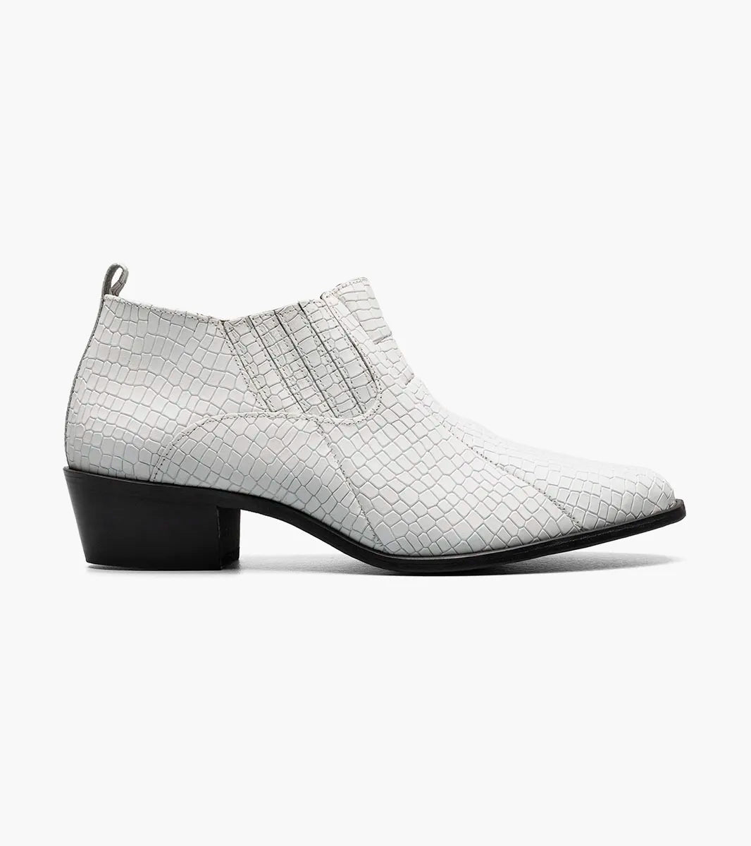 The Stacy Adams Sandoval Cuban Heeled Boot in white features textured crocodile-print leather, a low Cuban heel, pointed toe, cushioned footbed, and pull tab.