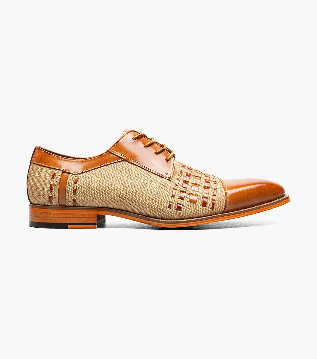 The Stacy Adams Halstead Cap Toe Oxford (Tan Multi, 25765-238) features tan calf leather, beige fabric with a lattice cutout upper, brown laces, and a Memory Foam footbed—shown on a white background.