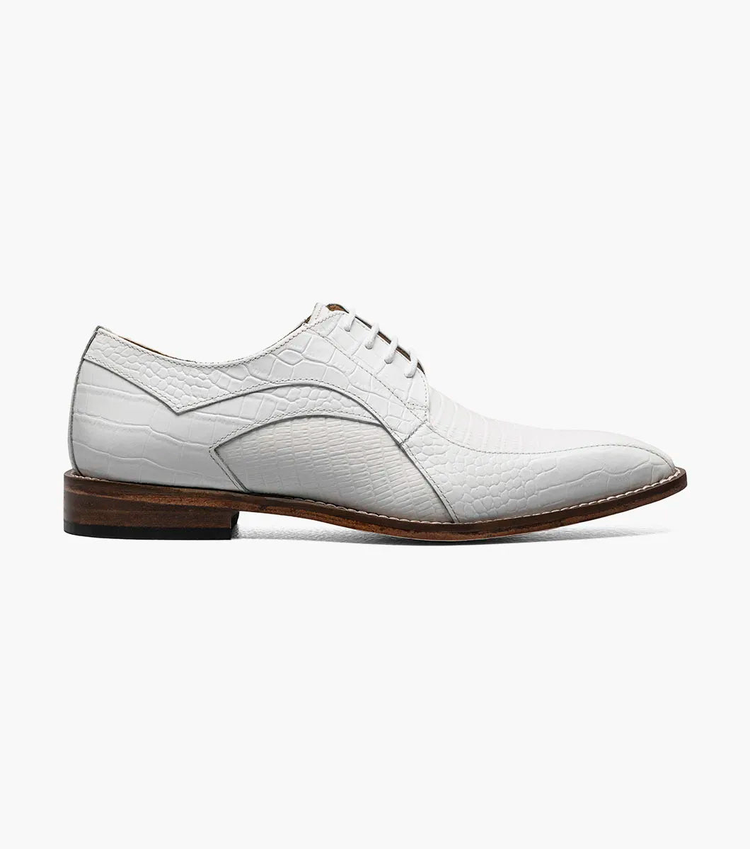 The Stacy Adams Turano Bike Toe Oxford in white features croco print leather, a brown sole, lace-up closure, and subtle stitching details.