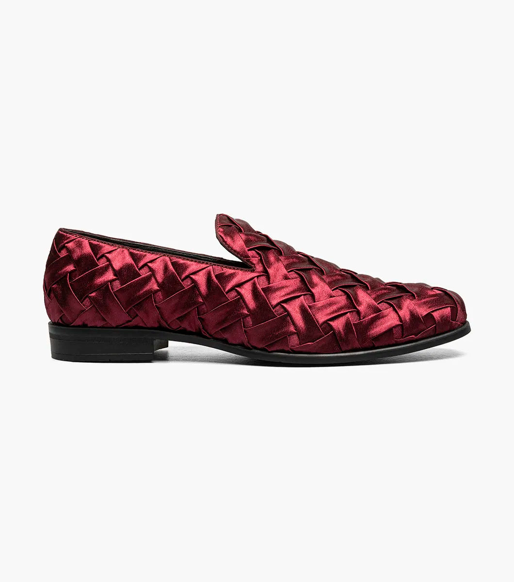 The Stacy Adams Savoir Plain Toe Satin Slip On in burgundy features a maroon finish, low black heel, and memory foam insole, shown on a white background.
