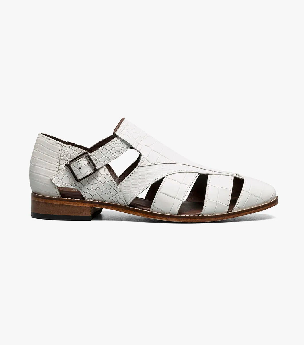 The STACY ADAMS Calandro City Sandal (White, 25695-100) features genuine leather, a textured pattern, side buckle, cushioned footbed, cut-out sections, and a low brown heel—shown in a side view.
