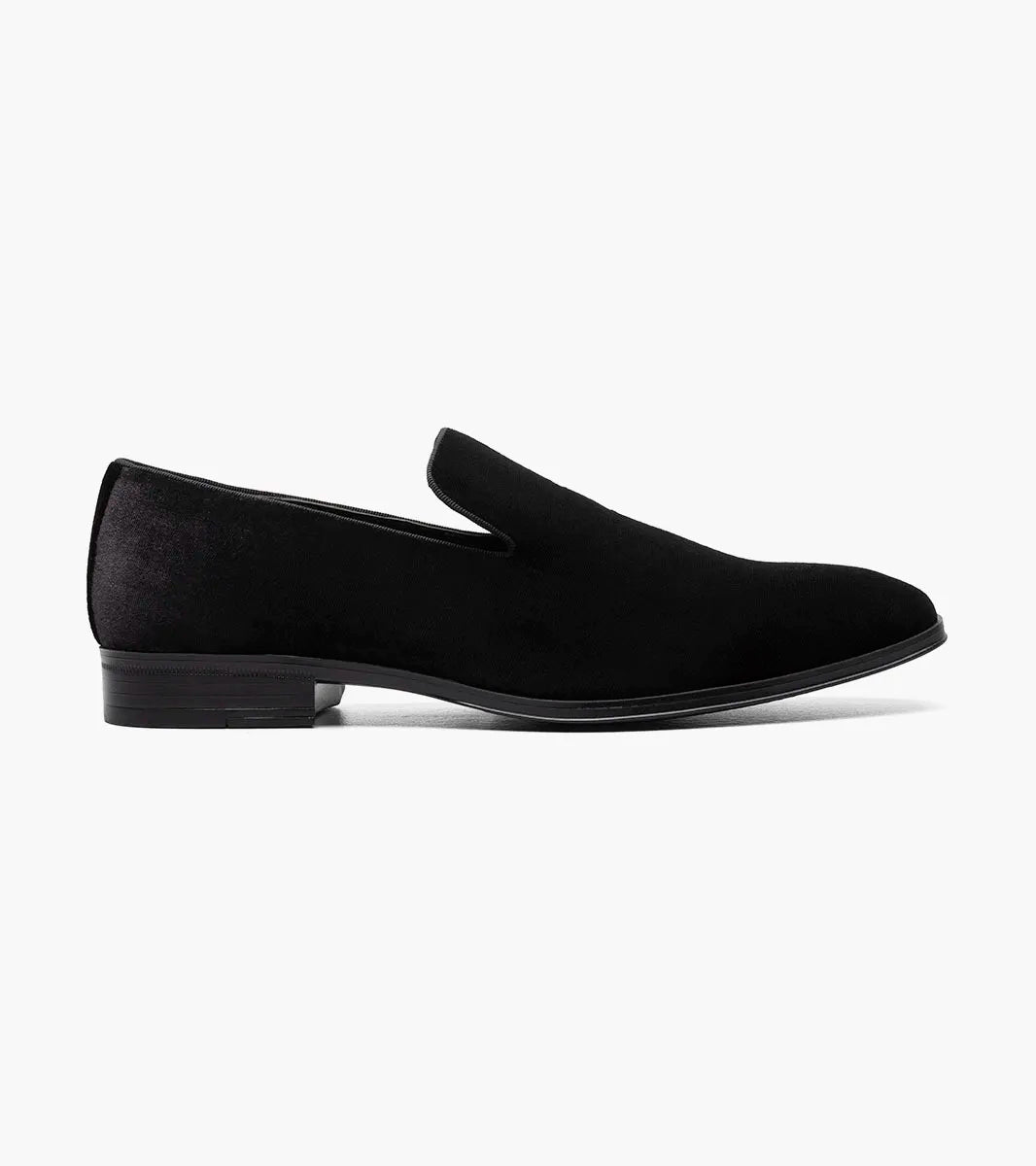 The STACY ADAMS Savian Plain Toe Velour Slip On in black (25613-001) is a black velvet loafer with a low heel, rounded toe, and memory foam footbed, shown on a plain white background.