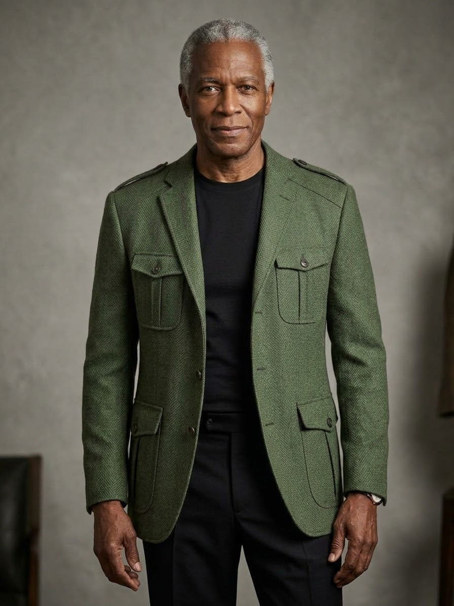 A man with short gray hair wears the Inserch Green Herringbone Blazer BL263 (FINAL SALE) over a black shirt, standing before a plain background, facing the camera neutrally.