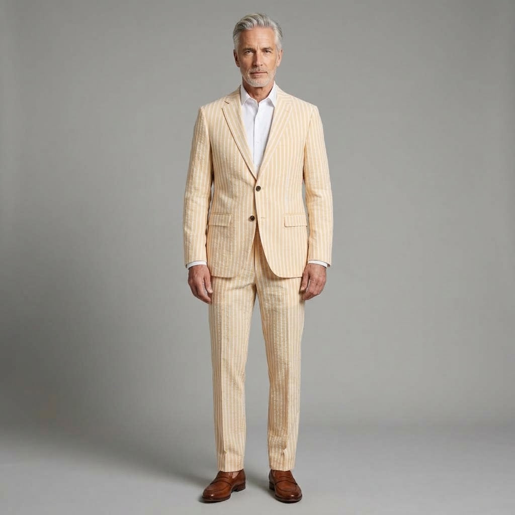 A close-up of the Inserch Wide Stripe Seersucker Suit Regular SU660507-00055 Yuzu—beige and white stripes, brown buttons, and a front pocket.