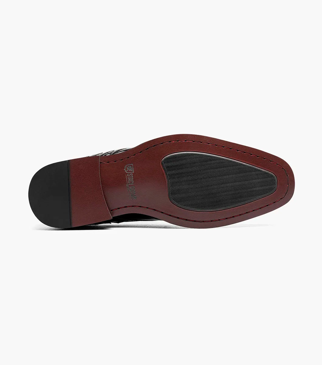 The STACY ADAMS Alexander Plain Toe Oxford in black (style 25791-001) is an elegant calf leather dress shoe with laces, decorative perforations, a low heel, and a comfortable memory foam insole, displayed on a light background.