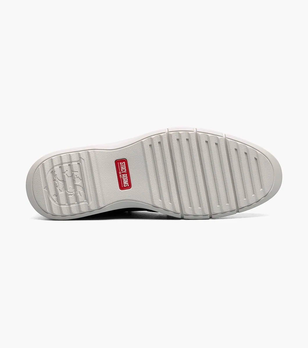 The STACY ADAMS Score Plain Toe Elastic Lace Up in navy (style 21538-410) is a blue dress shoe with elastic laces, featuring a perforated side panel, tan stitching, and a light-colored sole on a white background. It includes anatomical arch support for enhanced comfort.