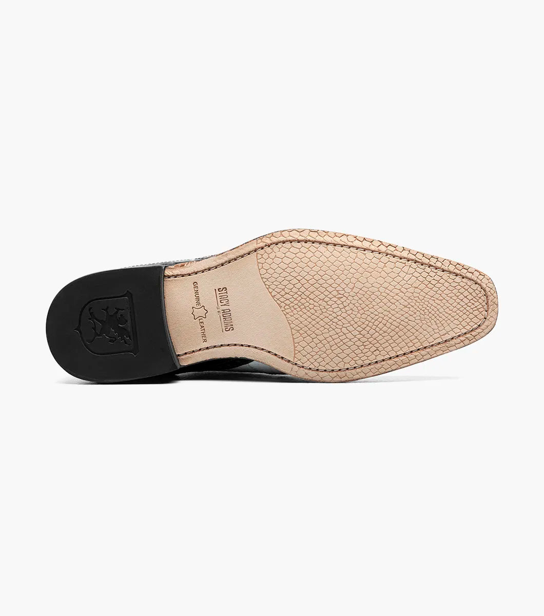 The STACY ADAMS Tarango Modified Cap Toe Oxford (Black w/White, 25770-111) is a men's lace-up dress shoe in crocodile print leather with a low heel, perfect for an elegant formal look.