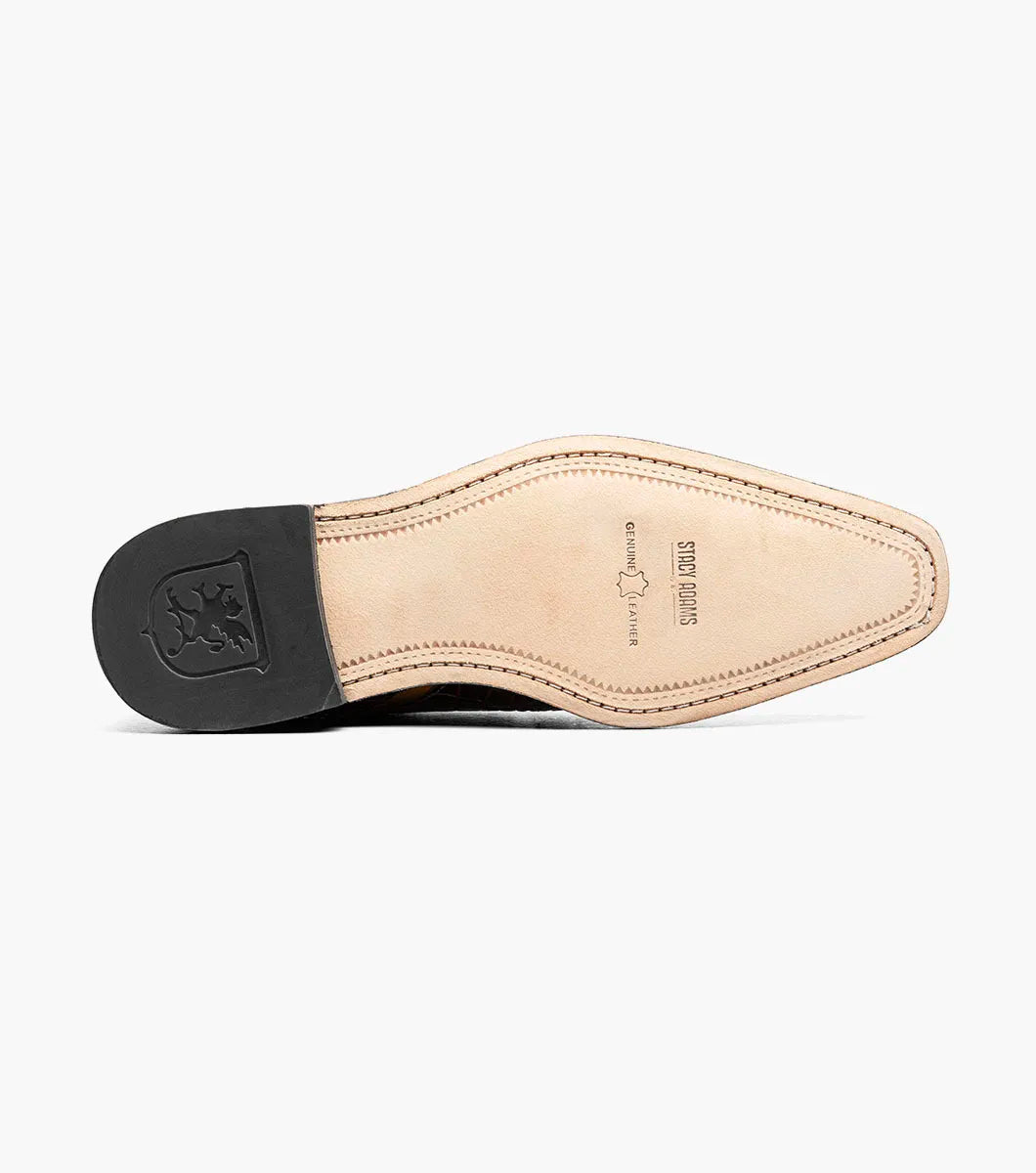 The Stacy Adams Talamanco Bike Toe Oxford in Brown Multi (style 25788-249) showcases a two-tone design with tan and dark brown crocodile print leather, laces, and a low heel, set against a plain white background.