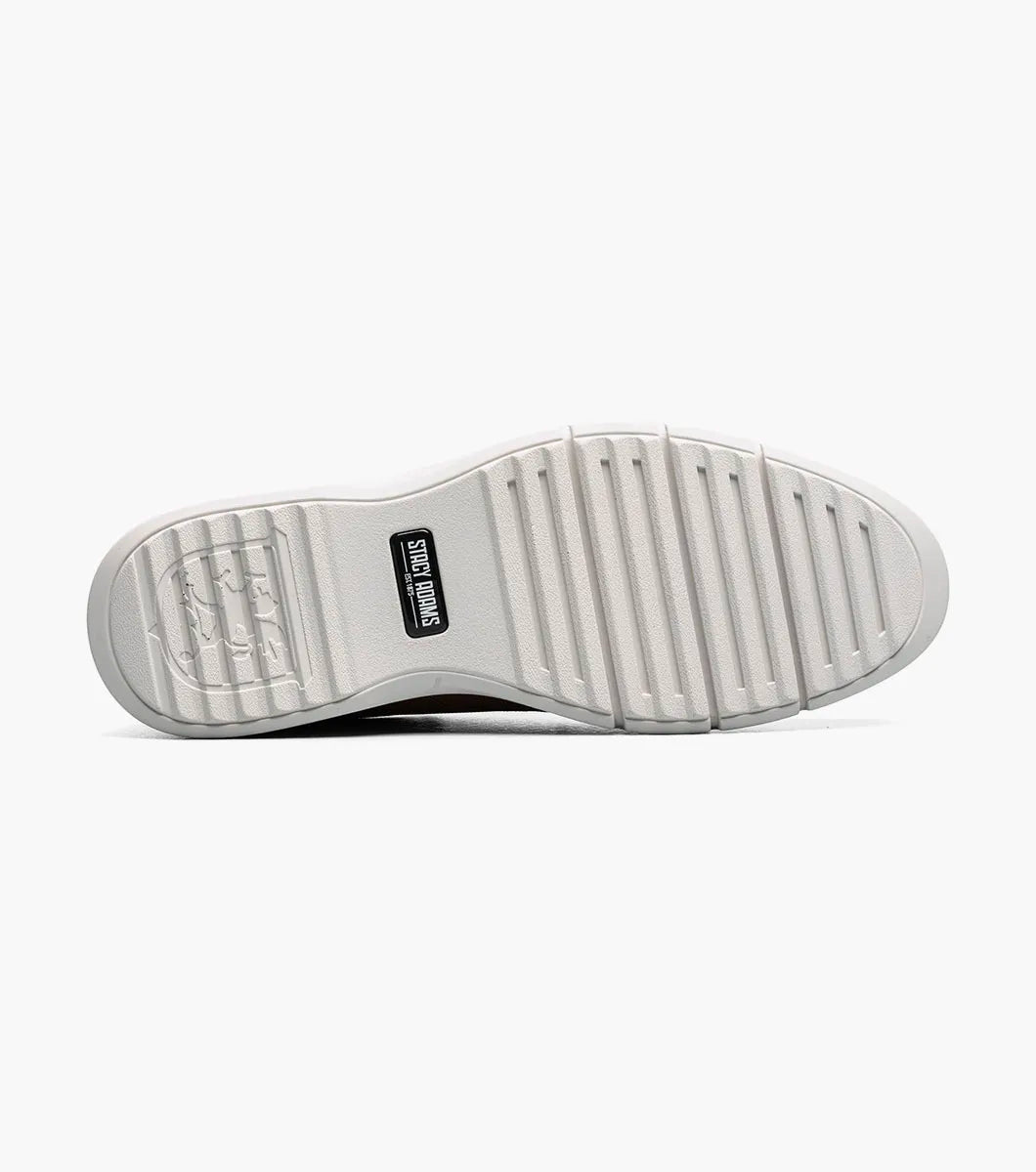 The STACY ADAMS Skyler Plain Toe Oxford in navy (style 21532-410) is a casual lace-up shoe crafted from man-made suede, featuring a white sole, brown stitching along the edge, subtle side perforation details, and a cushioned insole for enhanced comfort.
