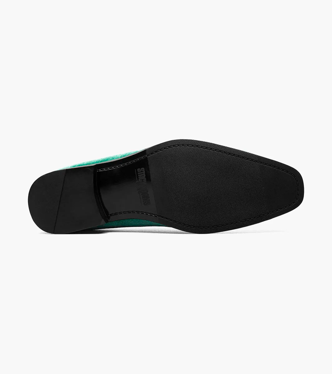 A single STACY ADAMS Savian Plain Toe Velour Slip On in emerald (style 25613-312), featuring a memory foam footbed and low black heel, is displayed on a white background.