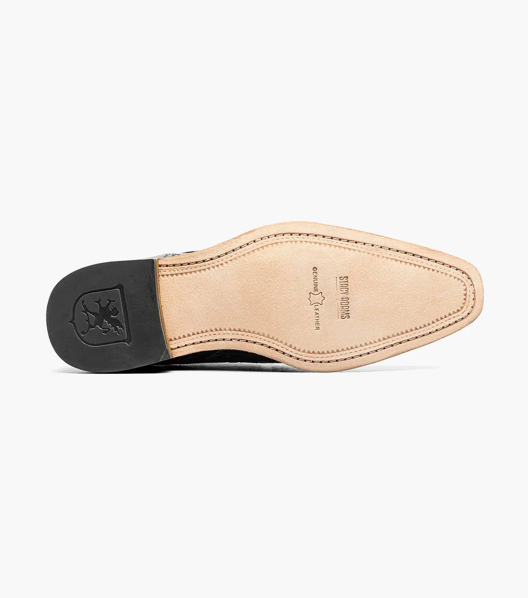 The Stacy Adams Talamanco Bike Toe Oxford (style 25788-400) is a single blue crocodile print leather dress shoe with a bike toe, brown sole, and RedZone footbed by STACY ADAMS, displayed on a white background.