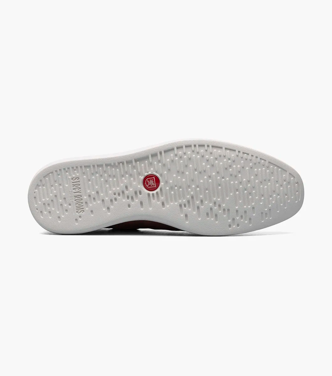 The STACY ADAMS Reid Moc Toe Lace Up (Red, 25592-600) is a red boat shoe with white stitching, laces, and sole, plus a memory foam footbed for comfort. Displayed on a plain white background.