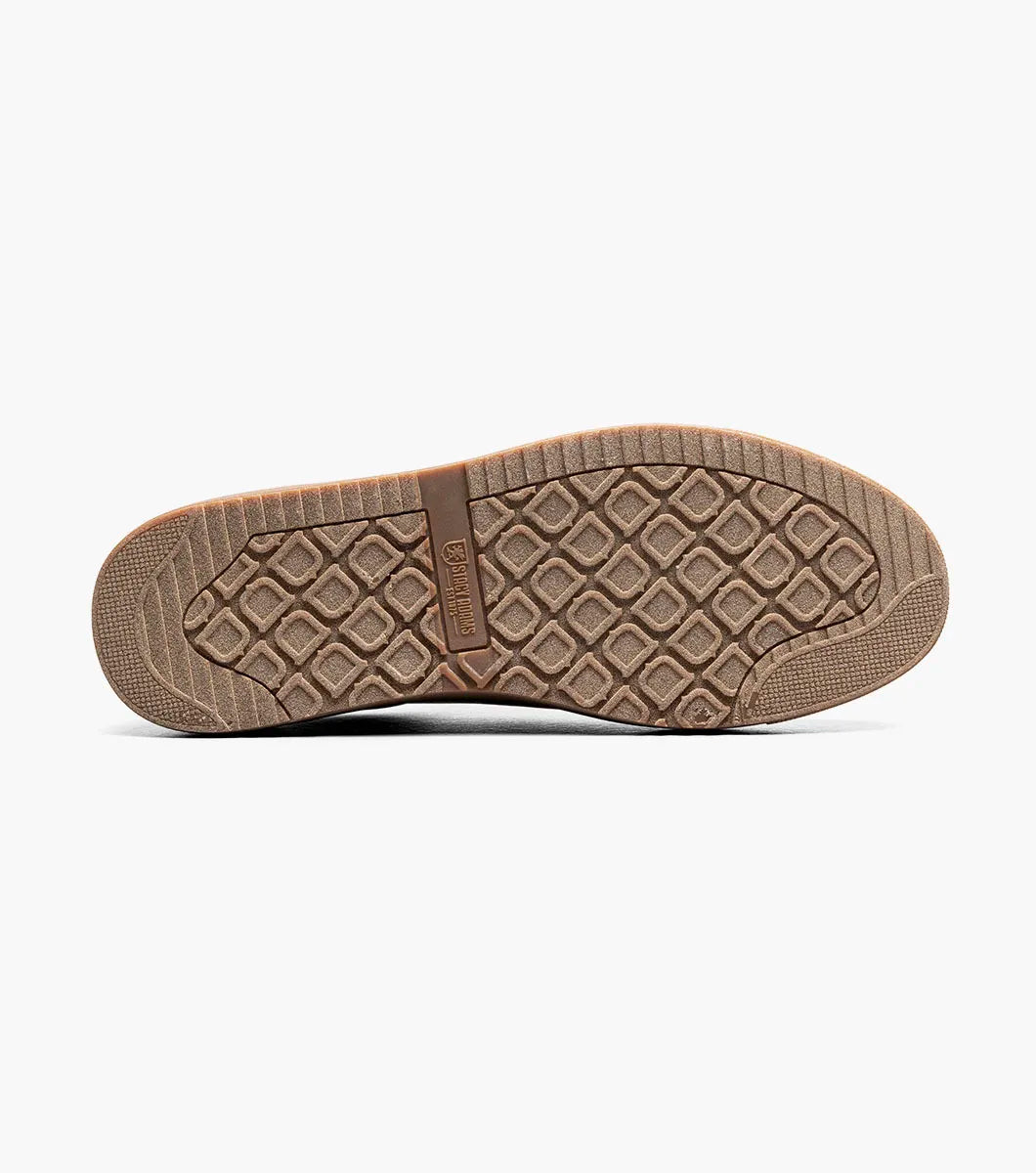 A single STACY ADAMS Dorian Lace To Toe Sneaker in Bordeaux leather (style 25749-646) is shown with brown laces and a thick brown rubber sole against a white background. This sneaker features anatomical arch support and a RedZone removable footbed for enhanced comfort.