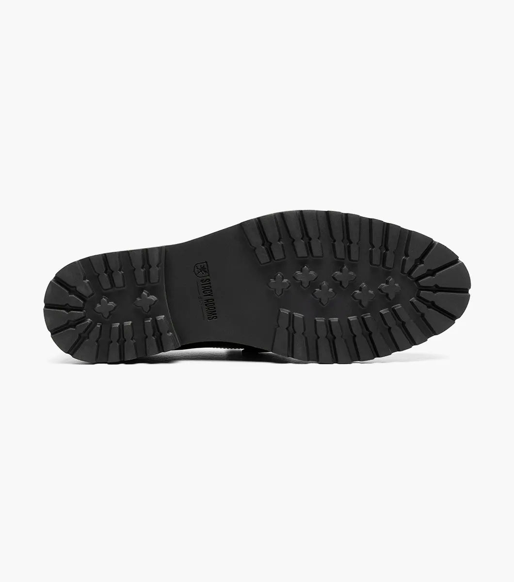 The STACY ADAMS Hale Moc Toe Bit Slip On in Bordeaux (25678-646) is a burgundy leather slip-on loafer with a black rubber sole, anatomical arch support, and metal bit detail on the upper.