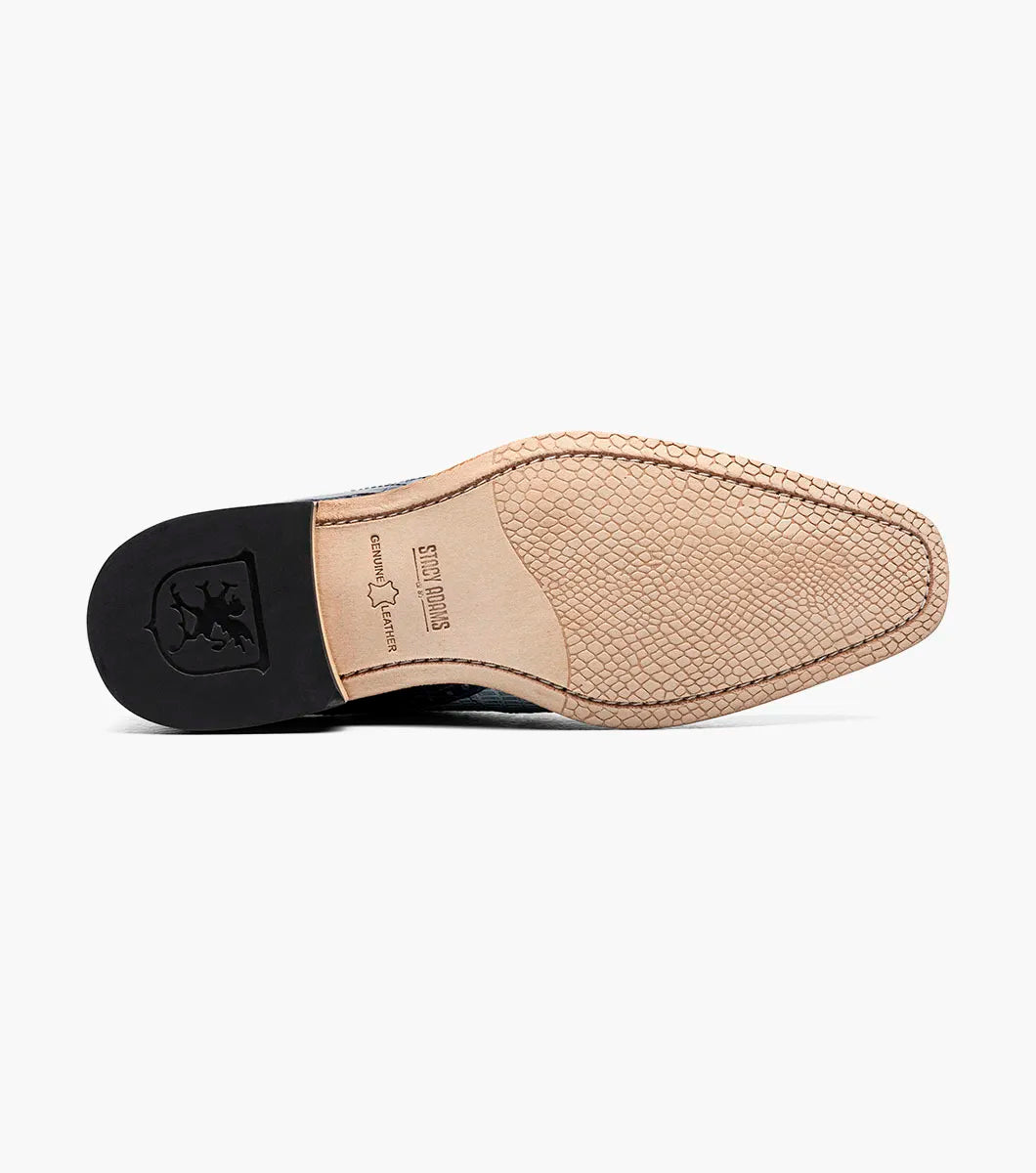 The Stacy Adams Tarango Modified Cap Toe Oxford in Dark Blue Multi features pointed toes, gray and blue crocodile print leather, and a low wooden heel—ideal for formal shoe enthusiasts.