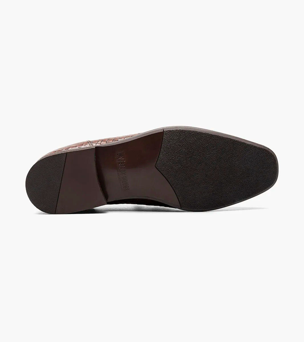 The Stacy Adams Feronte Moc Toe Bit Slip On in Cognac (25623-221) is a men's brown woven leather loafer with a metal bit, low heel, and almond toe, shown against a white background.