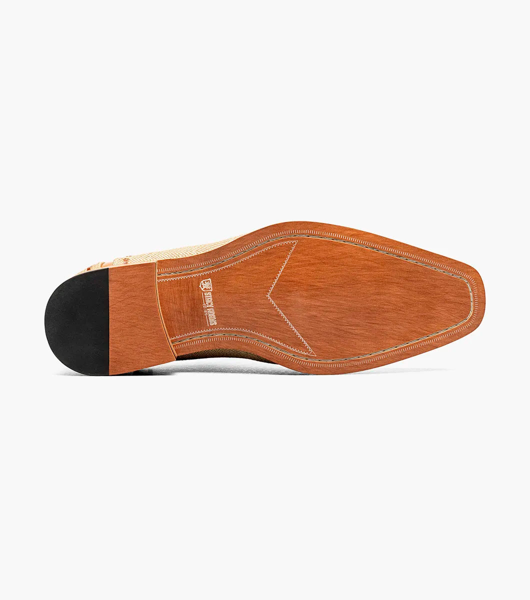 The Stacy Adams Halstead Cap Toe Oxford (Tan Multi, 25765-238) features tan calf leather, beige fabric with a lattice cutout upper, brown laces, and a Memory Foam footbed—shown on a white background.
