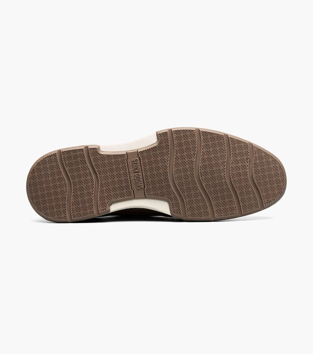 The Stacy Adams Phineas Plain Toe Oxford in taupe features a leather and fabric upper, cushioned insole, white midsole, and brown heel and sole accents. Shown in side profile on a white background.