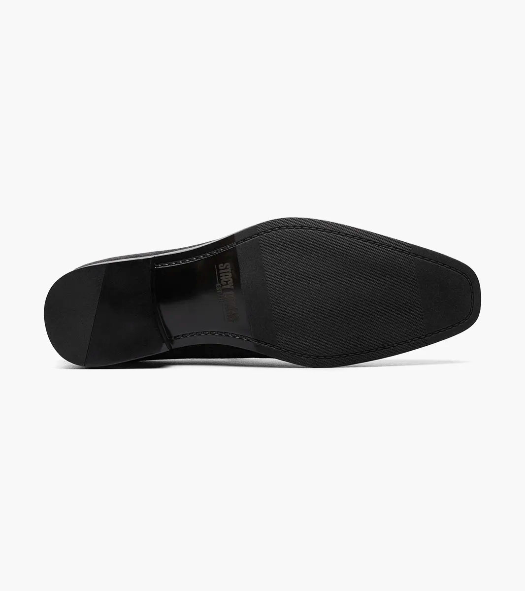 The STACY ADAMS Savian Plain Toe Velour Slip On in black (25613-001) is a black velvet loafer with a low heel, rounded toe, and memory foam footbed, shown on a plain white background.