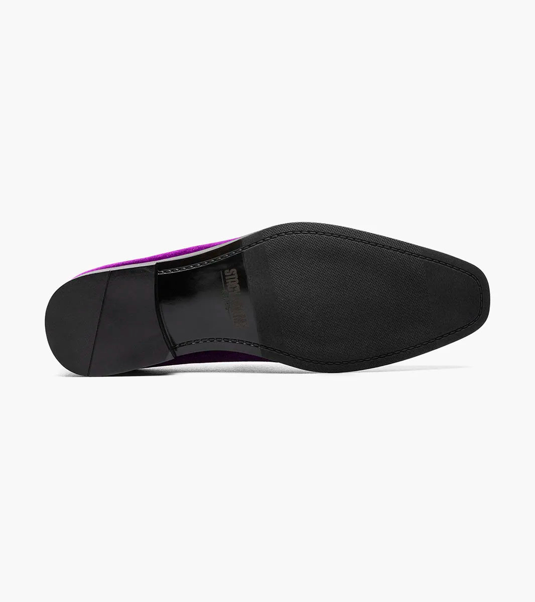 A single STACY ADAMS Savian Plain Toe Velour Slip On (Purple, 25613-542) with a low black heel and Memory Foam footbed is angled against a plain white background.