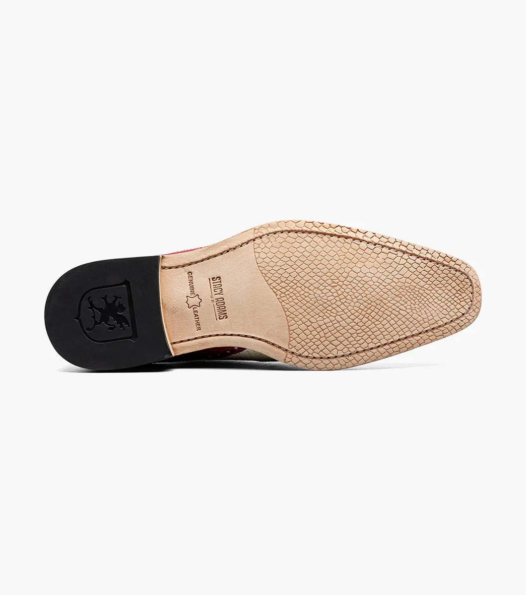 The STACY ADAMS Tarango Modified Cap Toe Oxford (Raspberry/Ivory) features beige textured sides with raspberry crocodile print leather on the toe, eyestay, and heel.