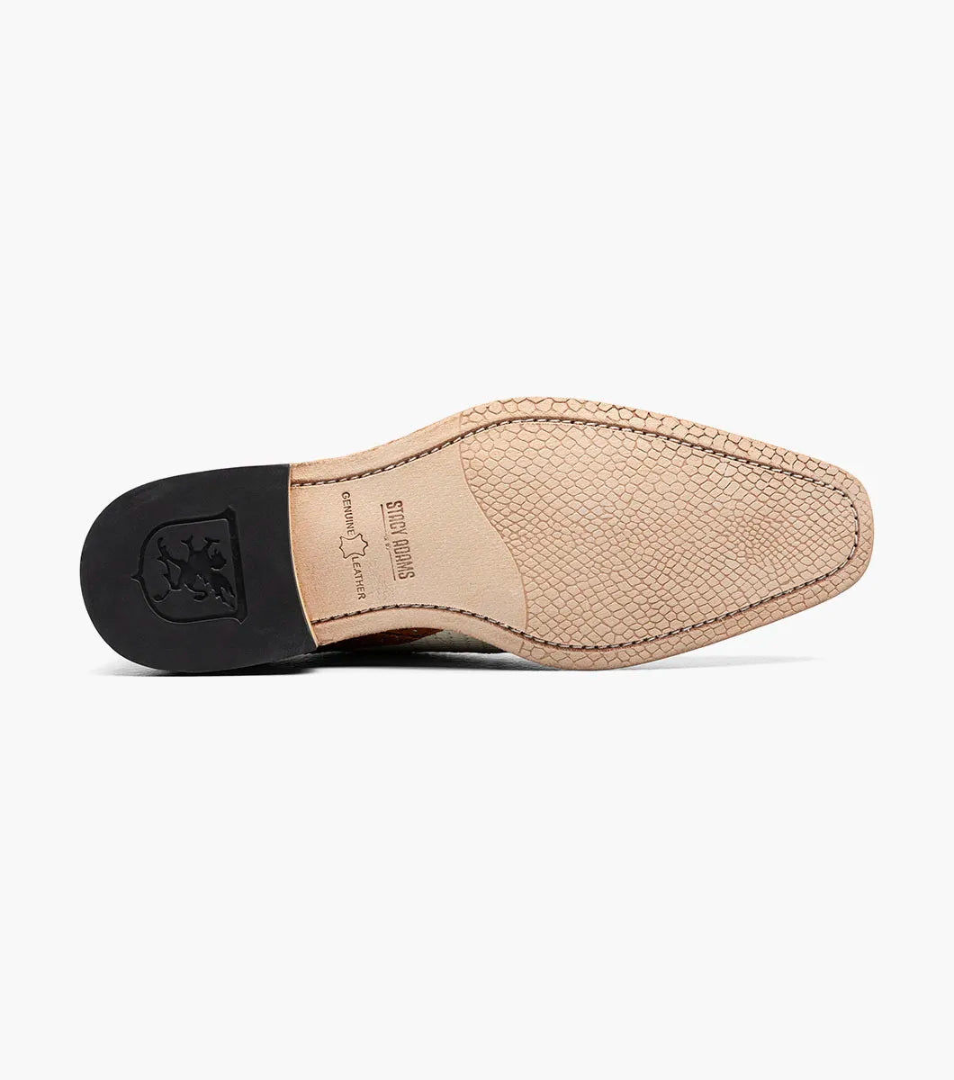The STACY ADAMS Tarango Modified Cap Toe Oxford in Tan Multi (25770-238) blends tan leather and cream fabric with a closed lace design and low wooden heel—an ideal formal shoe for stylish men.