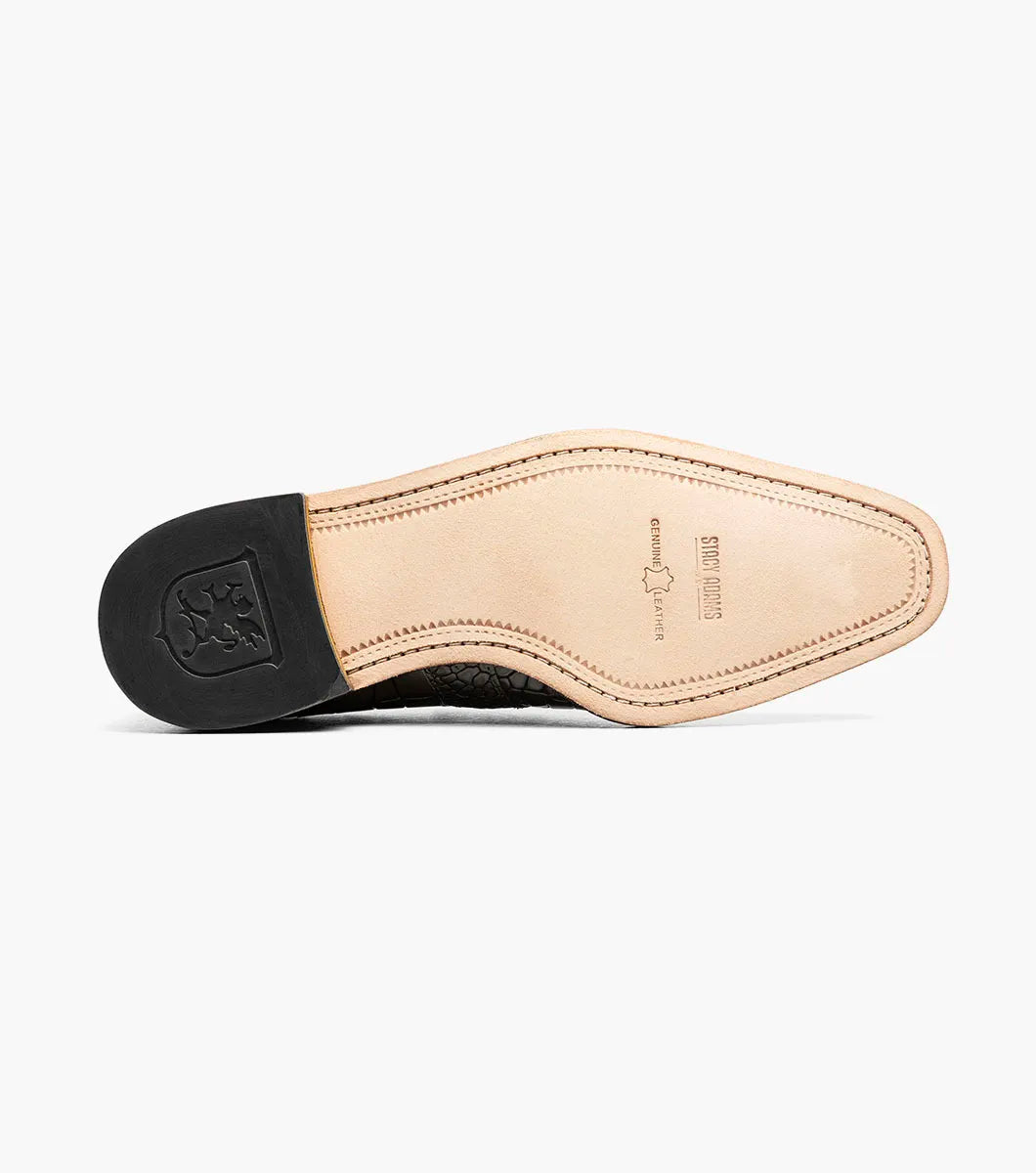 Here’s a rewritten version of the sentence using your product data: The Stacy Adams Rubiano Moc Toe Buckle Strap Slip On in Olive Multi features a brown textured upper, dark green crocodile print leather sides, a small silver buckle, and a reddish-brown sole. This STACY ADAMS men’s loafer is designed with a cushioned footbed for added comfort.