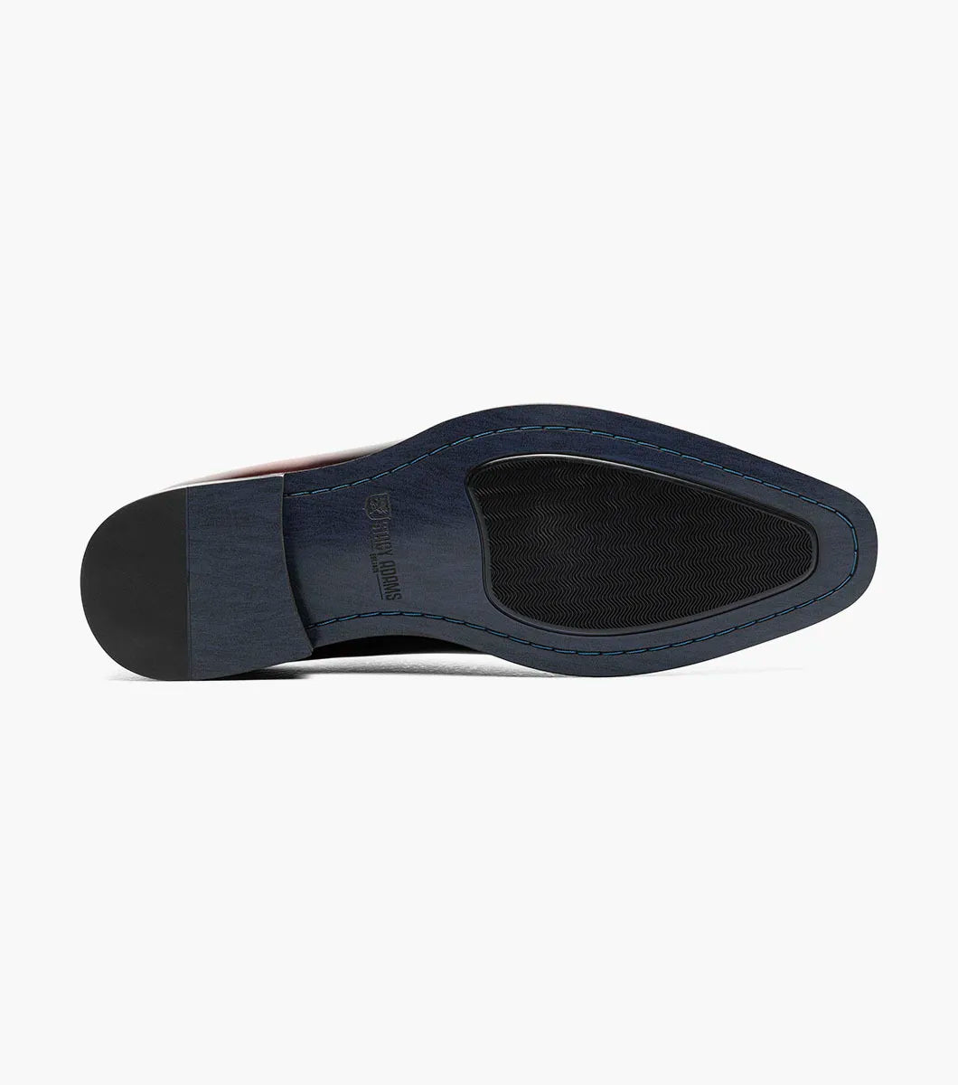 The STACY ADAMS Shaffer Plain Toe Oxford (Navy Multi, 25763-492) features premium calf leather with a gradient from deep red heel to blue toe, dark laces, and a black sole.