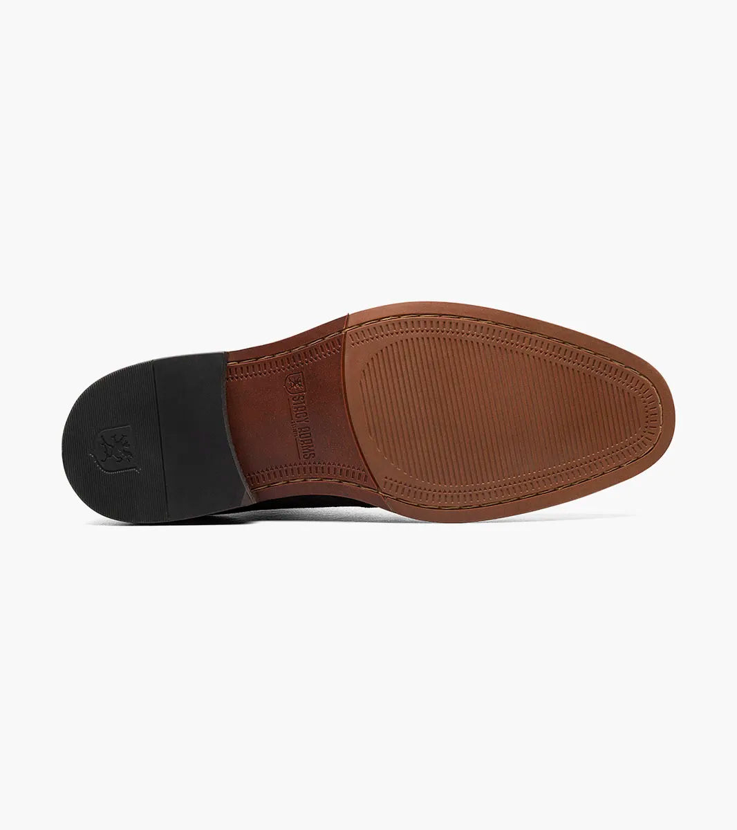 The Stacy Adams Martfield Plain Toe Chukka Boot in dark gray features black laces, a rounded toe, cushioned footbed, and brown sole. Displayed on a white background. Brand: STACY ADAMS.