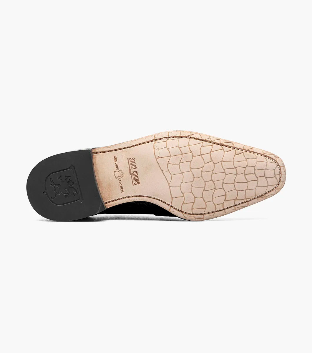 Stacy Adams Turano Bike Toe Oxford in black features a croco print leather upper with a crocodile pattern, lace-up closure, and low heel, shown against a plain white background.