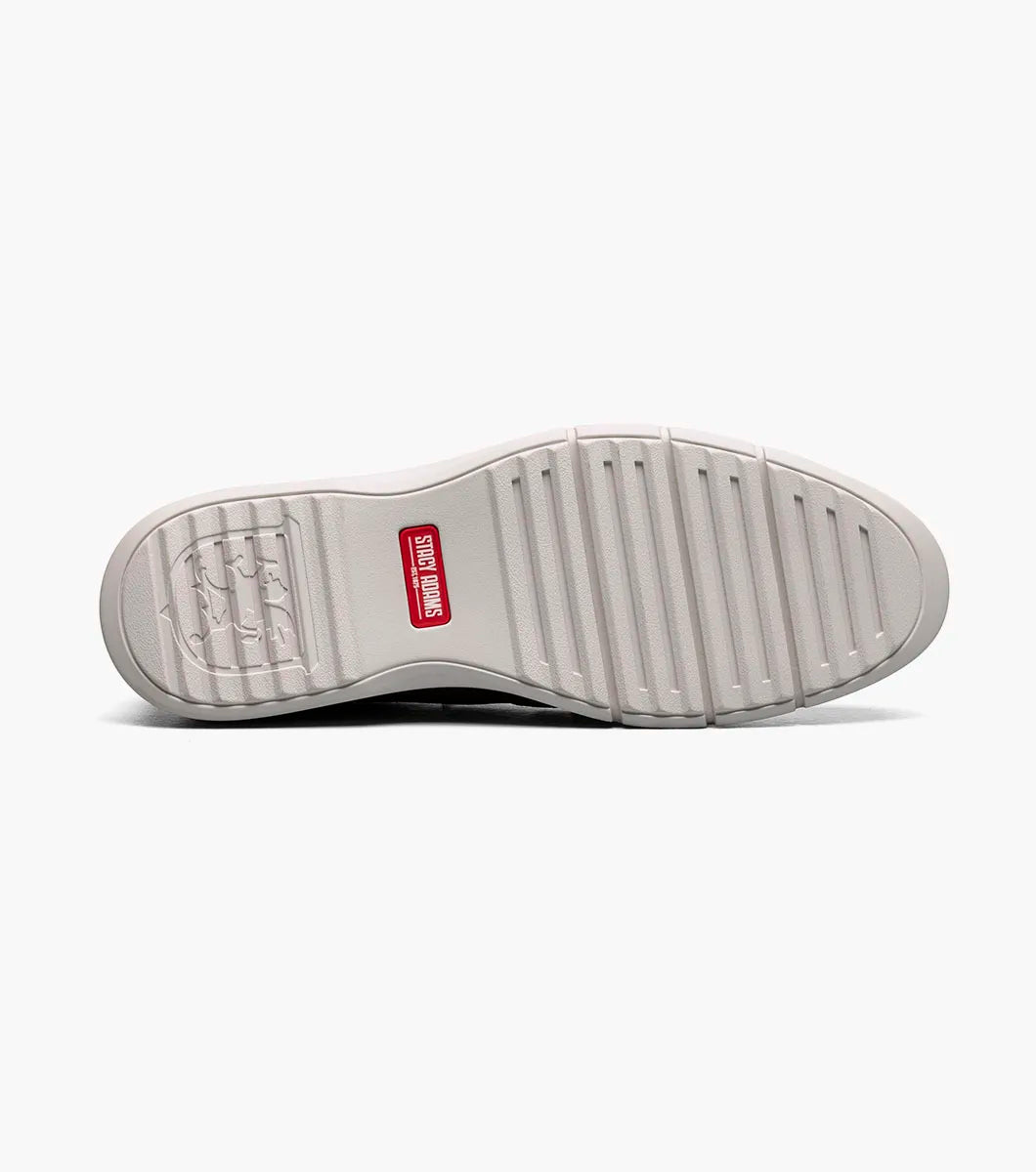 The STACY ADAMS Score Plain Toe Elastic Lace Up in Brown (style 21538-215) is a business-casual leather shoe featuring perforated side panels, a white sole, elastic lace-up front, and detailed stitching with a supportive RedZone footbed—displayed against a plain white background.