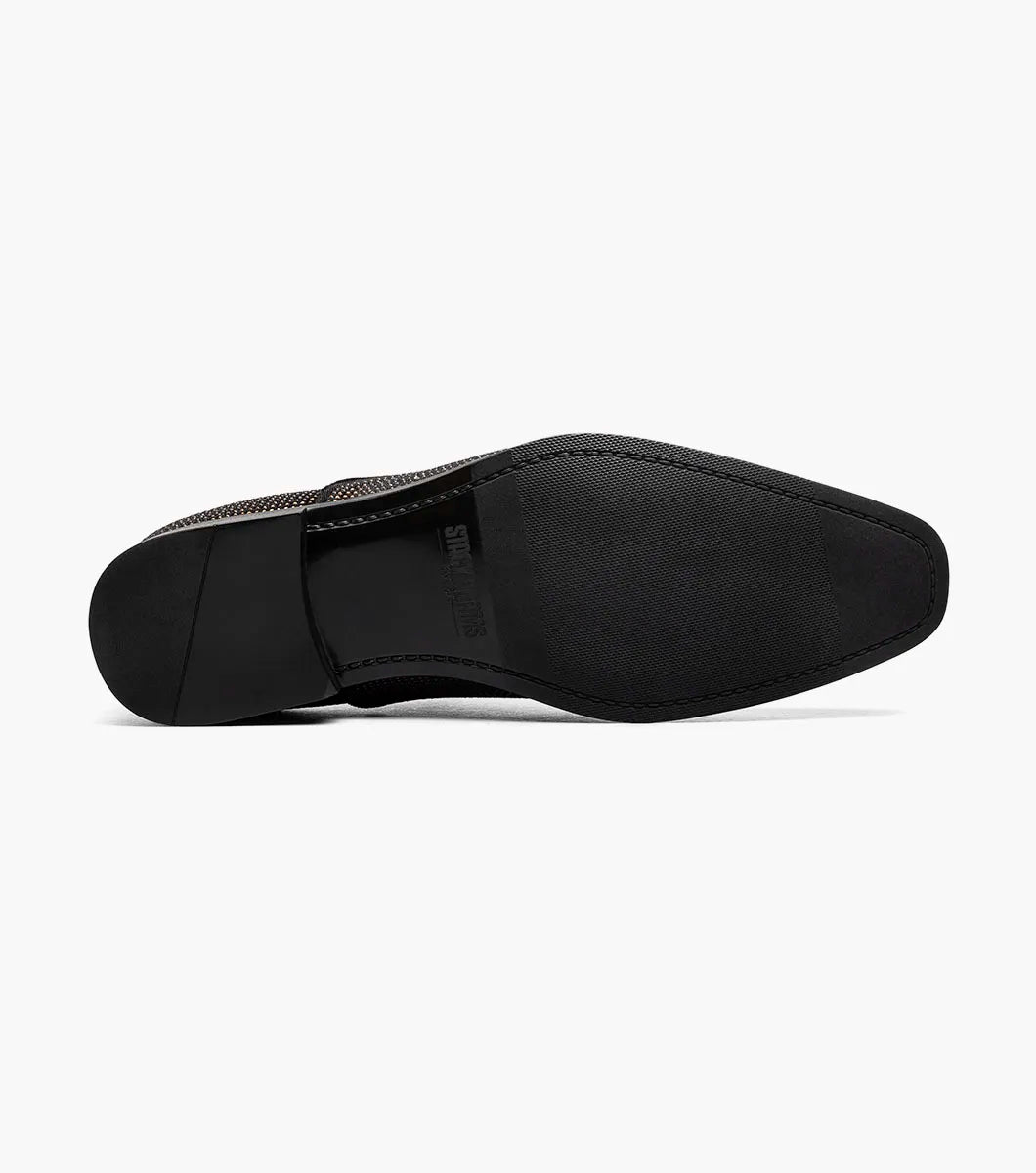 The STACY ADAMS Starleigh Rhinestone Plain Toe Slip On (25685-715) is a men's black and gold dress shoe with a low heel, featuring small gold studs on the velour textile upper.