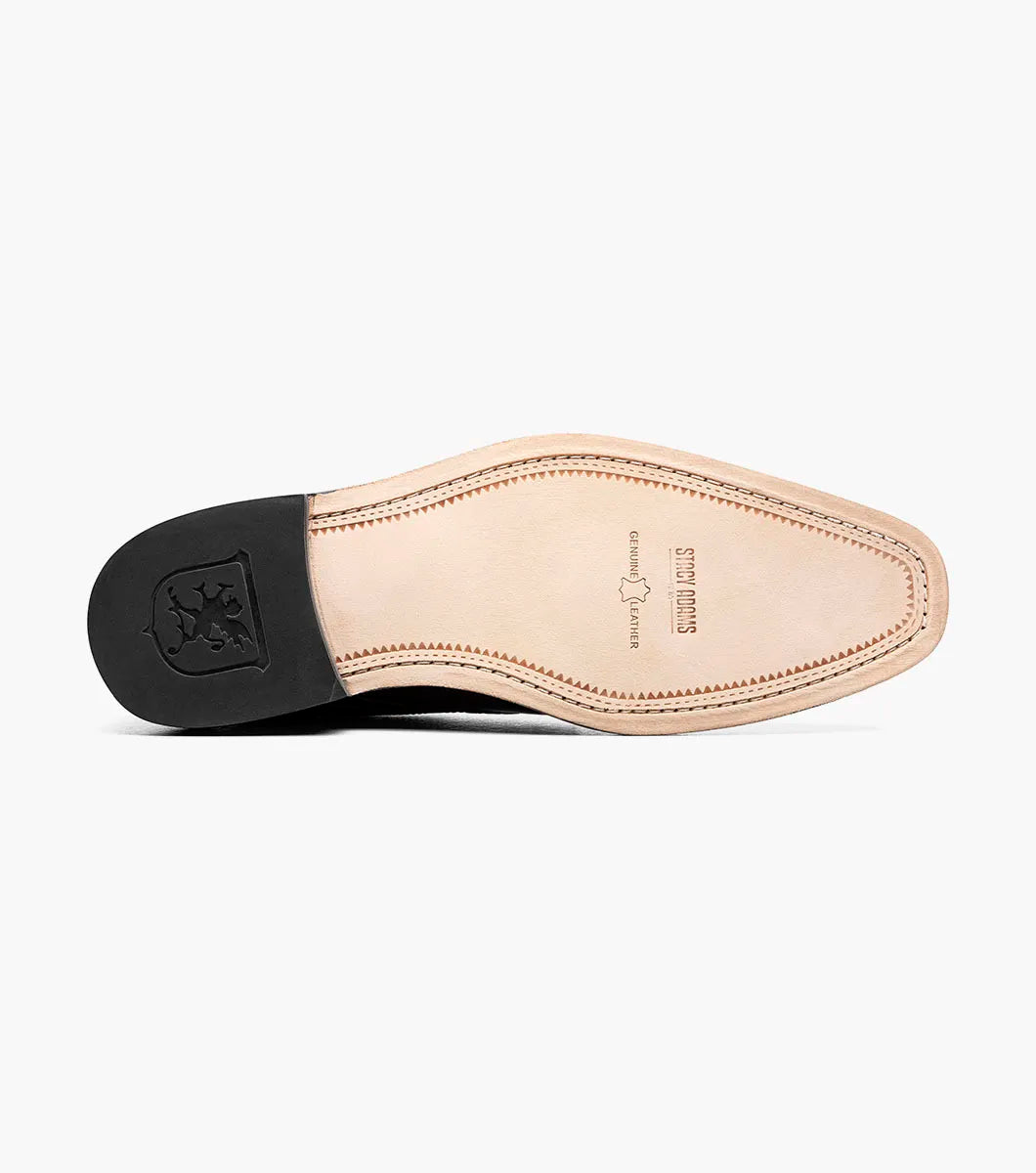 The STACY ADAMS Gambetta Modified Cap Toe Oxford (Navy, 25780-410) is a navy blue leather dress shoe featuring a textured pattern, brown sole, RedZone footbed, and lace-up closure, displayed on a white background.