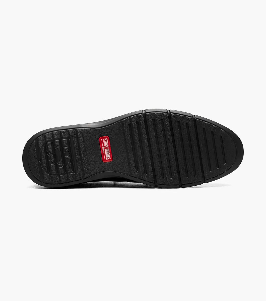 The Stacy Adams Score Plain Toe Elastic Lace Up in Black Smooth (Style 21538-005) is a black leather dress shoe featuring elastic laces, a low heel, a textured sole, and subtle perforated detailing on the side. It includes the RedZone footbed for enhanced comfort and is presented in a side profile against a white background.