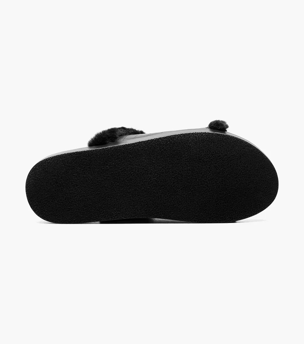 The Stacy Adams Monty Slide Sandal in black features a crocodile print faux leather upper, black faux fur trim, and an open toe on a flat sole.