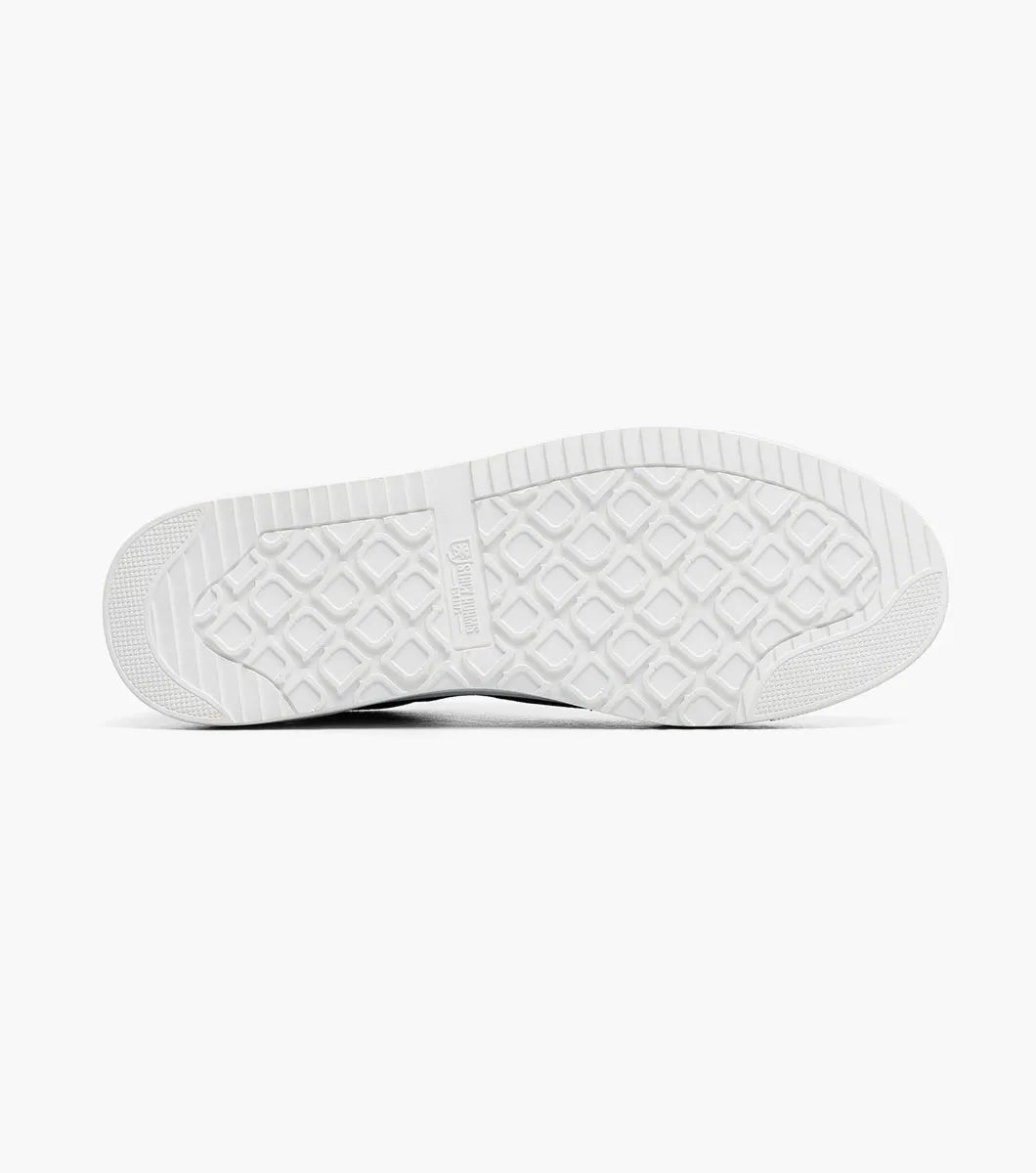 A Stacy Adams Dante Lace To Toe Sneaker in black (style 25806-001) is shown on a white background, featuring shiny patent leather accents, black laces, and a white rubber sole.