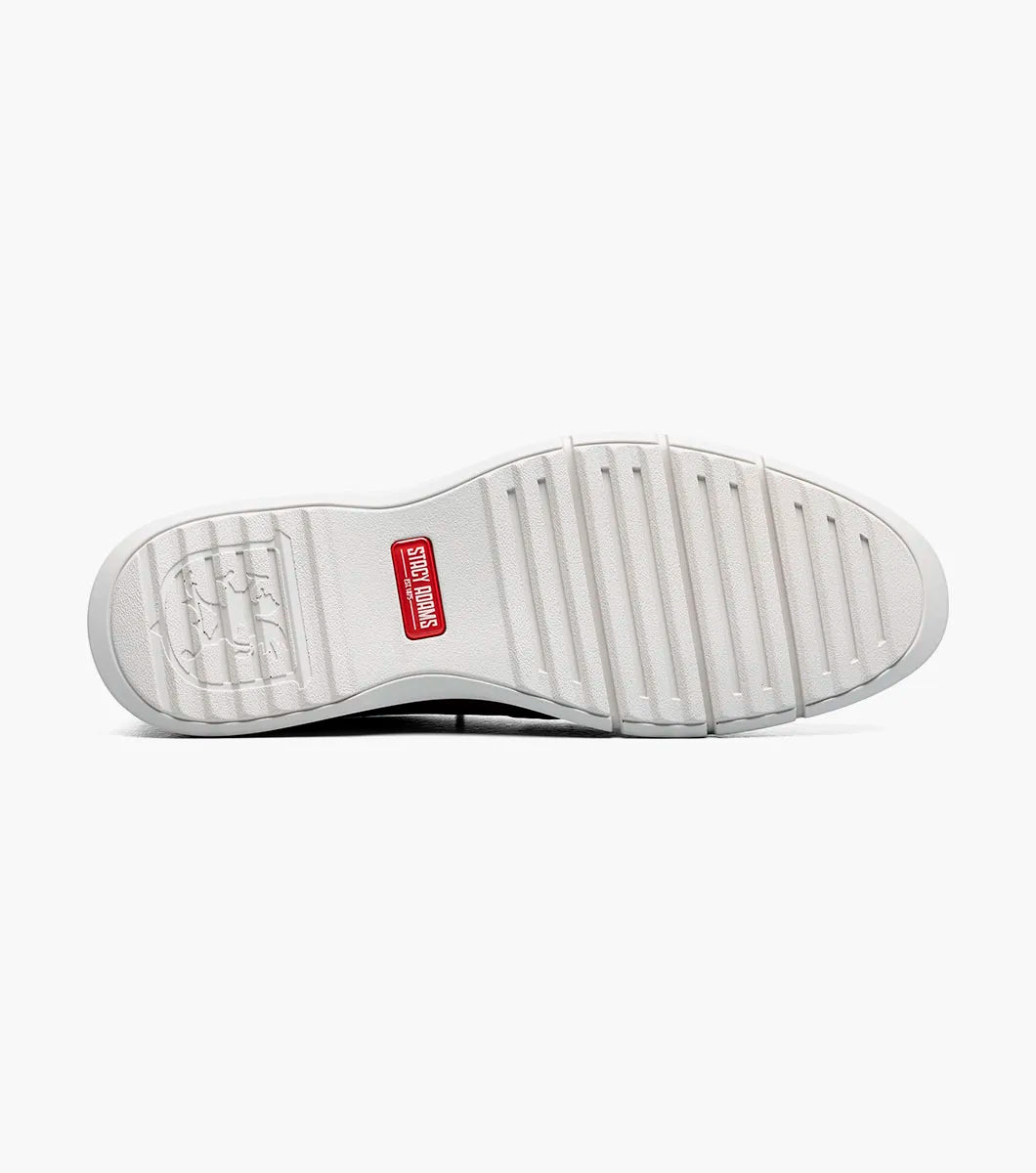 The Stacy Adams Synchro Plain Toe Elastic Lace Up sneaker in Raspberry features perforated detailing, anatomical arch support, and a white sole—shown as a single shoe on a plain white background.