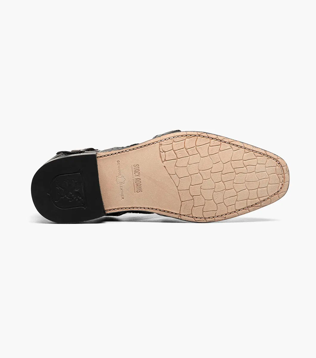 The STACY ADAMS Calandro City Sandal (25695-001) in black features sustainable microfiber with a crocodile texture, side cutouts, closed toe, low heel, and a metal buckle strap.