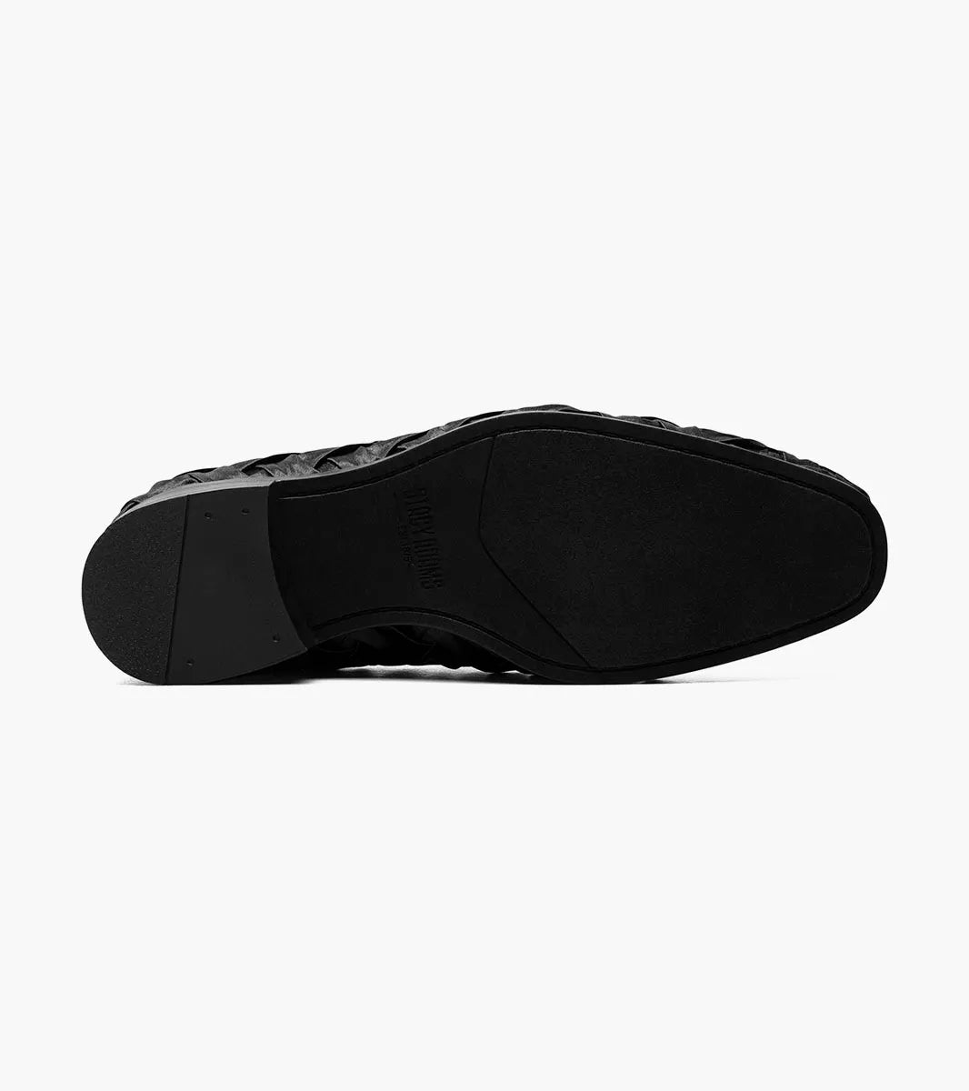 The STACY ADAMS Savoir Plain Toe Satin Slip On in black (25611-001) features a sleek satin finish, low heel, and Memory Foam cushioning, displayed on a plain white background.