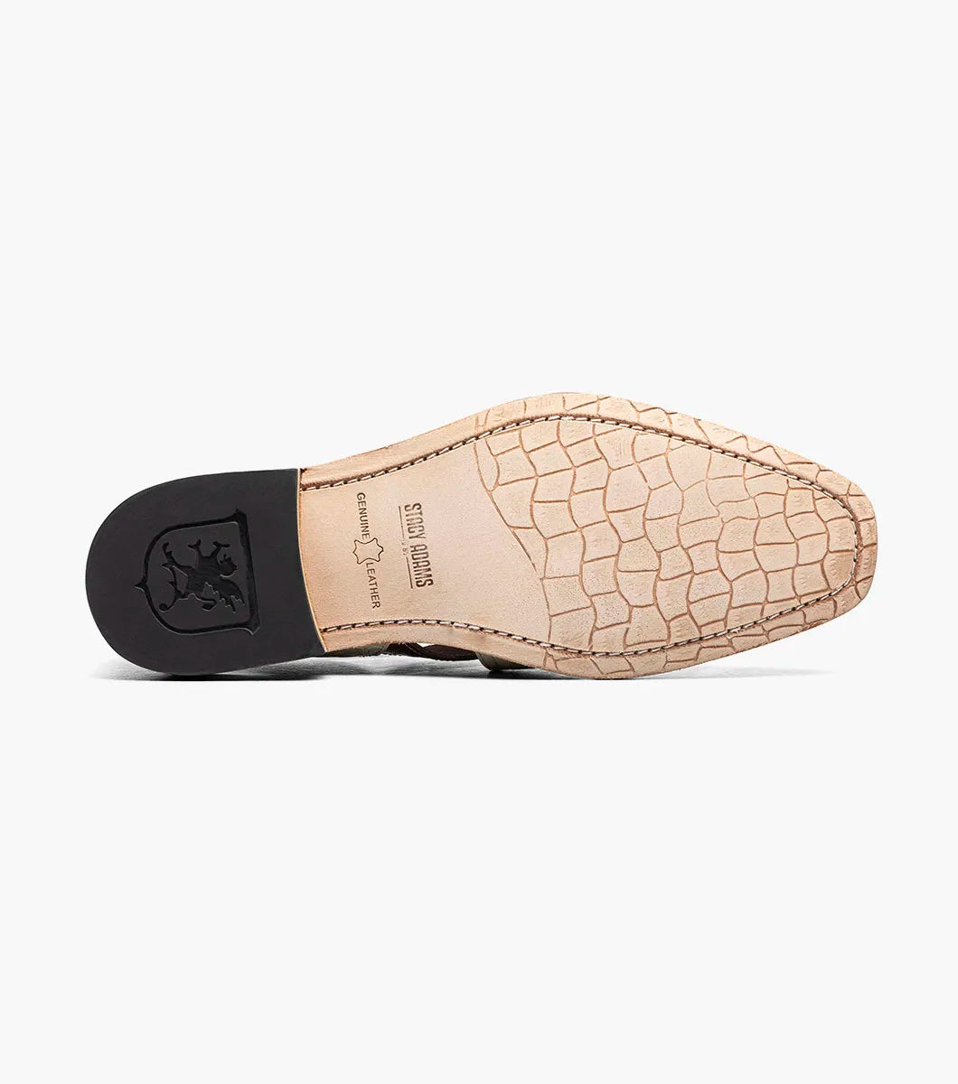 The Stacy Adams Calandro City Sandal in Ivory Multi (25695-114) features crocodile print leather, cream and brown color, closed toe, side buckle, cut-out details, cushioned footbed, and low heel.