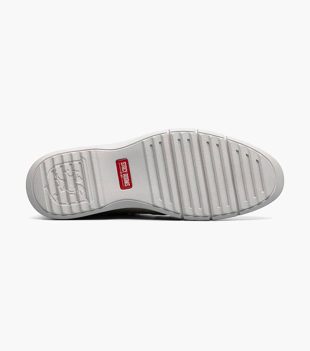 The Stacy Adams Sebert Plain Toe Elastic Lace Up in tan features a textured fabric upper, leather accents, anatomical arch support, and a light rubber sole for comfort, shown on a white background.