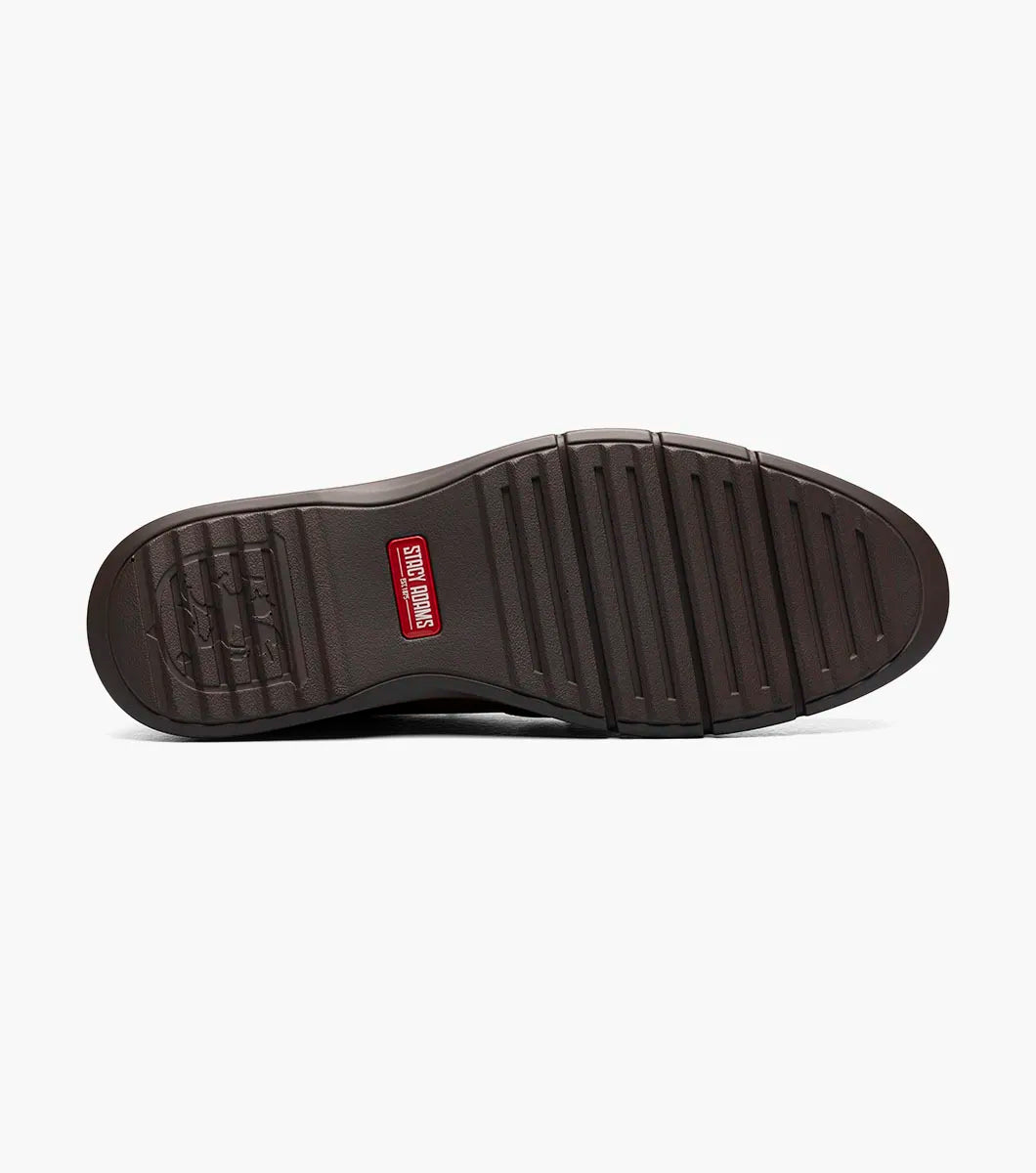 A single Stacy Adams Score Plain Toe Elastic Lace Up dress shoe in Cognac Smooth leather, featuring a textured side panel and a comfortable RedZone footbed, is shown at an angle on a white background.