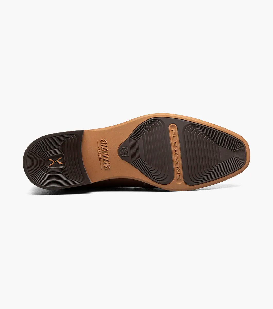 The STACY ADAMS Brumley Moc Toe Lace Up Boot in Tan Multi features burnished leather and navy fabric, a low wooden heel, cushioned footbed, and fabric pull tab.