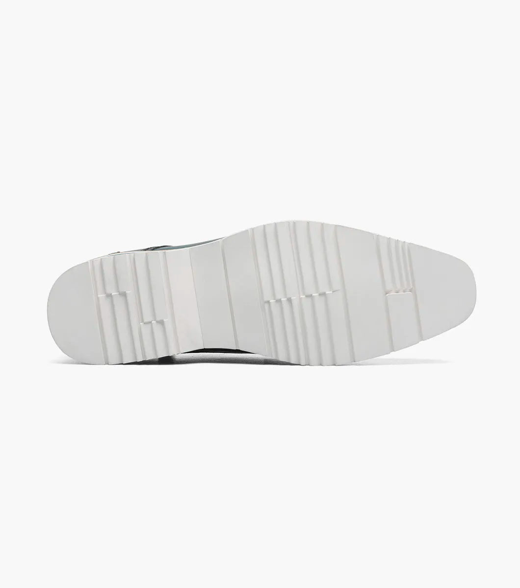 The Stacy Adams Barringer Plain Toe Oxford (Teal, 25722-444) features a rounded toe, tan welt, decorative stitching, leather upper, cushioned insole, and white rubber sole. Shown solo against a plain white background.