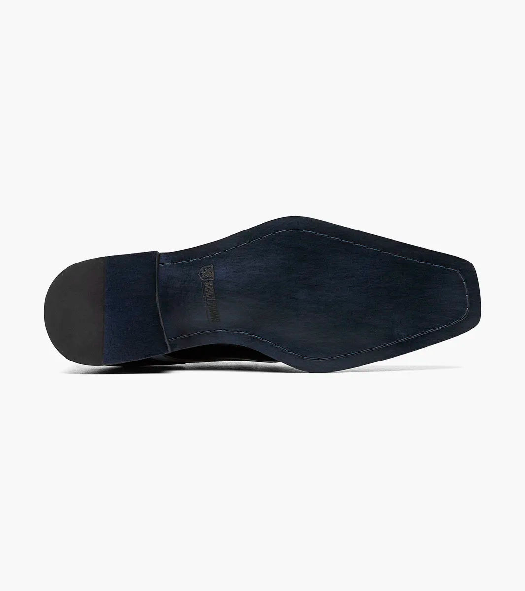 The STACY ADAMS Plaza Modified Cap Toe Oxford in Black/Gray (25608-975) features laces, decorative perforations, and a stylish stacked heel. Shown in profile against a white background.