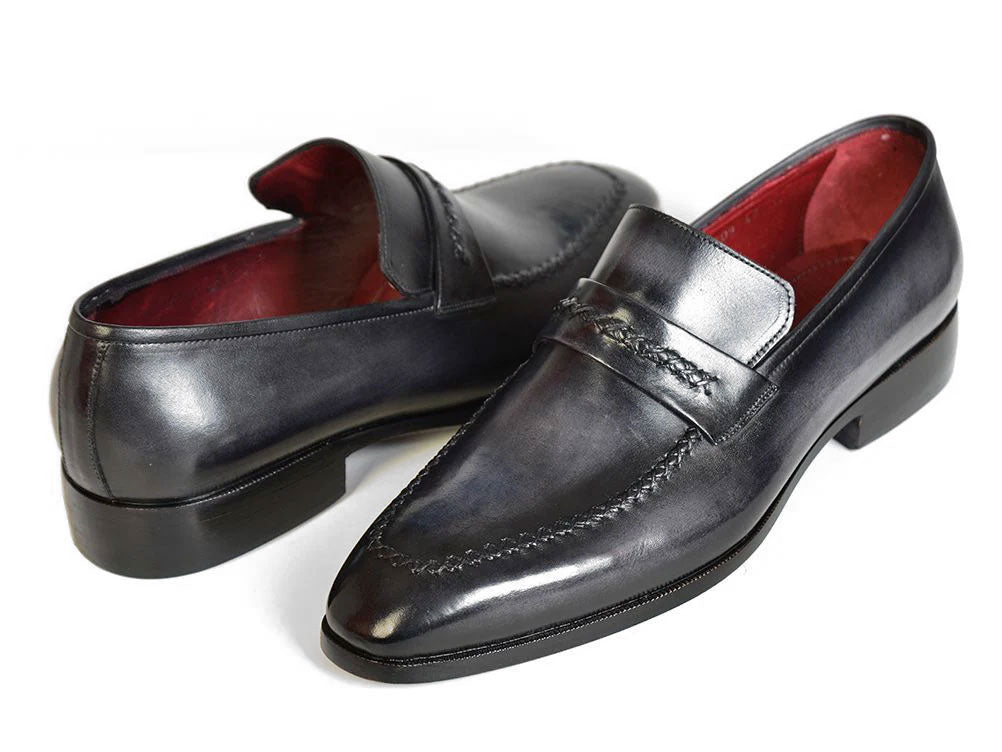 The Paul Parkman Gray & Black Loafers (068-GRAY) feature men's calfskin leather in black with stitched details and a braided accent across the top, displayed on a white background.